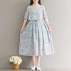 Set: Printed Elbow-sleeve Top + Sleeveless A-line Dress