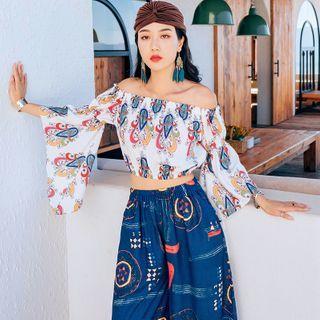 Long-sleeve Printed Blouse / Wide-leg Pants