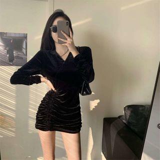 V-neck Long-sleeve Crinkled Mini Dress