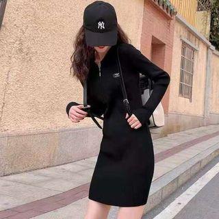 Polo Long-sleeve Zip Plain Knit Dress