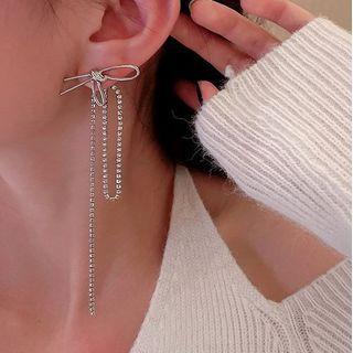 Bow Rhinestone Fringed Fringed Earring 1 Pair - Silver - One Size