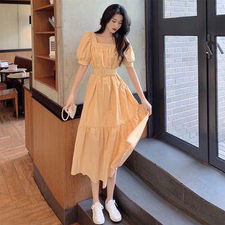 Square Collar Plaid Puff-sleeved Dress