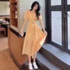 Square Collar Plaid Puff-sleeved Dress