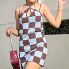 Halter Plaid Knit Mini Dress