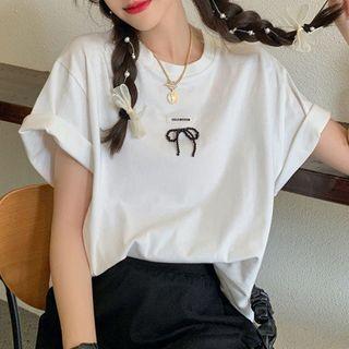 Short-sleeve Bead Bow T-shirt