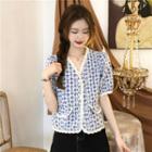 Short-sleeve Plaid Lace Trim Button-up Top