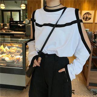 Cut-out Shoulder Color-block Long Sleeve Top