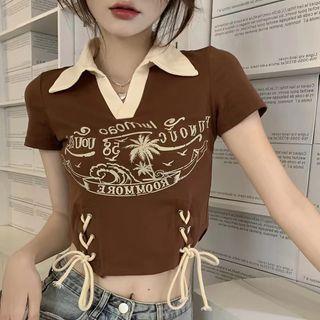 Short-sleeve Palm Tree Print Drawstring Polo Shirt