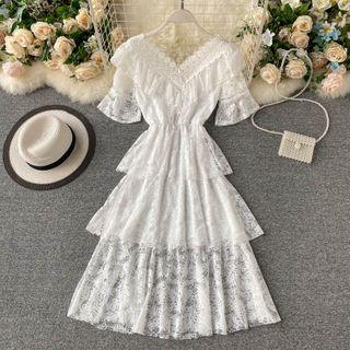 Lace Ruffle Trim Short-sleeve Layered Midi A-line Dress
