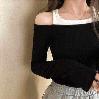 Off-shoulder Mock Two-piece T-shirt