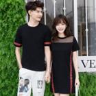 Couple Matching Printed Short Sleeve T-shirt / Mesh Panel Short Sleeve Dress
