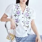 Puff-sleeve Collar Flower Embroidered Blouse