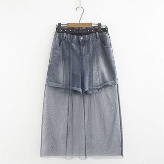 Set: Denim Shorts + Mesh Straight-fit Skirt