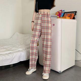 Plaid Wide-leg Pants Plaid - White & Pink - One Size