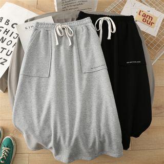 Lettering Drawstring-waist Midi A-line Skirt