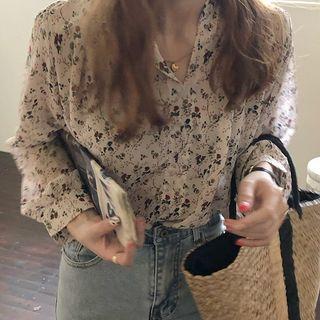 Long-sleeve Floral Print Chiffon Blouse Red Floral - White - One Size