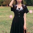 Short-sleeve Sailor Collar Pleated Dress As Shown In Figure - One Size