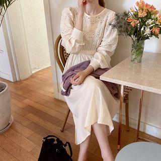 Gathered Long Eyelet-lace Dress Beige - One Size