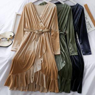 Ruffled-trim Velvet A-line Dress With Belt