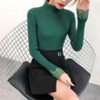 Mock Turtleneck Lace Panel Ribbed Knit Top