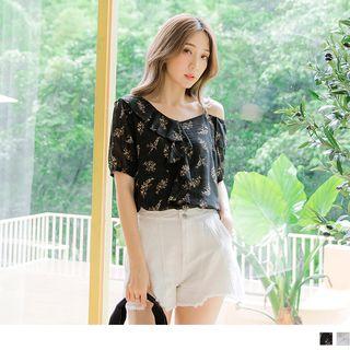 Asymmetric Shoulder Ruffle Trim Floral Chiffon Top
