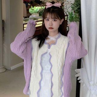 Scallop Trim Two-tone Cardigan Purple & White - One Size
