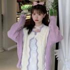 Scallop Trim Two-tone Cardigan Purple & White - One Size