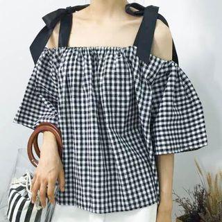 Plaid Cold-shoulder Blouse Plaid - Black & White - One Size
