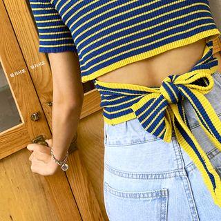 Cutout Tie-back Stripe Rib-knit Top