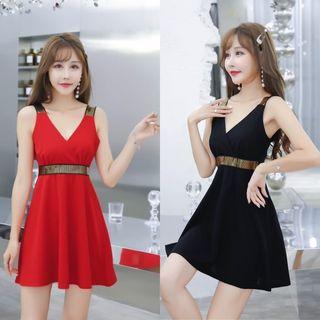 Sleeveless Metallic Trim A-line Mini Dress