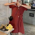 Short-sleeve Mini Wrap Dress Red - One Size