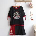 Short-sleeve Fish Embroidered T-shirt / Pleated Skirt / Set