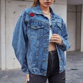Heart Embroidered Pocketed Denim Jacket