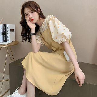 Set Of 2: Puff-sleeve Dotted Blouse + Plain Jumper Dress