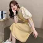 Set Of 2: Puff-sleeve Dotted Blouse + Plain Jumper Dress