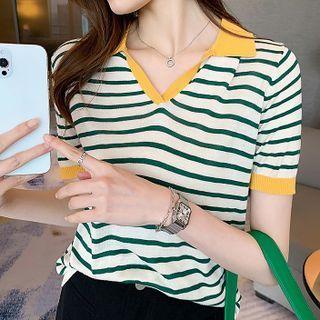 Polo Short-sleeve Striped Knit Top Yellow - One Size