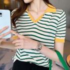 Polo Short-sleeve Striped Knit Top Yellow - One Size