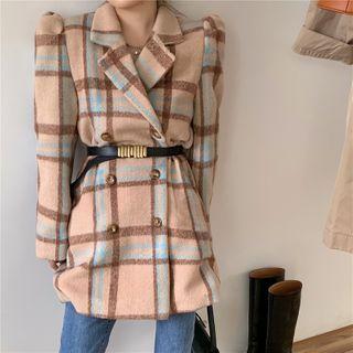 Plaid Double-breasted Coat With Belt With Belt - Pink & Coffee - One Size