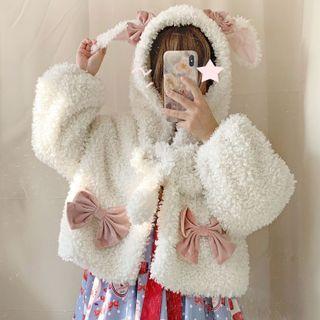 Ear Accent Hooded Fleece Cropped Jacket