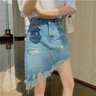 Distressed Irregular High-waist Denim Skirt