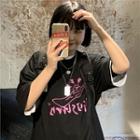 Elbow-sleeve Japanese Character Print T-shirt Black - One Size