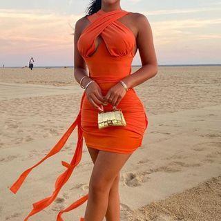 Halter-neck Cutout Tie-waist Mini Bodycon Dress