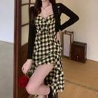 Spaghetti-strap Plaid Midi A-line Dress / Cardigan