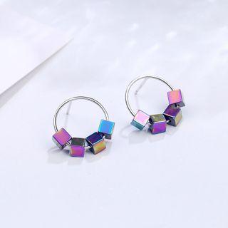 Cube Sterling Silver Hoop Earring 1 Pair - Silver Ring - Purple & Blue & Yellow - One Size