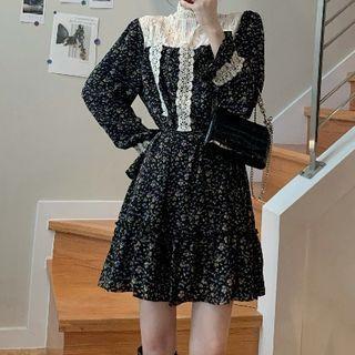 Floral Long-sleeve A-line Dress Short - Black - One Size
