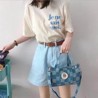 Checkerboard Denim Top Handle Crossbody Bag With Badge - Blue - One Size