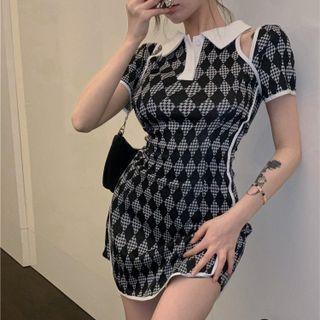 Cutout Argyle Mini Bodycon Polo Dress Black - One Size