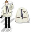 Set: Embroidered Fleece Button Jacket + Striped Tie White - One Size