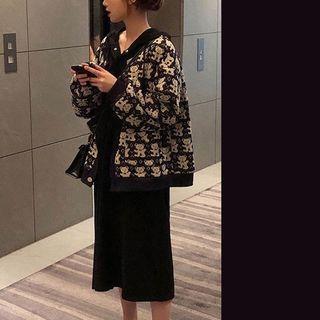 Long-sleeve Midi A-line Dress / Bear Print Cardigan / Set