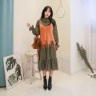 Set: Sleeveless Furry Knit Top + Ruffled Plaid Midi Dress